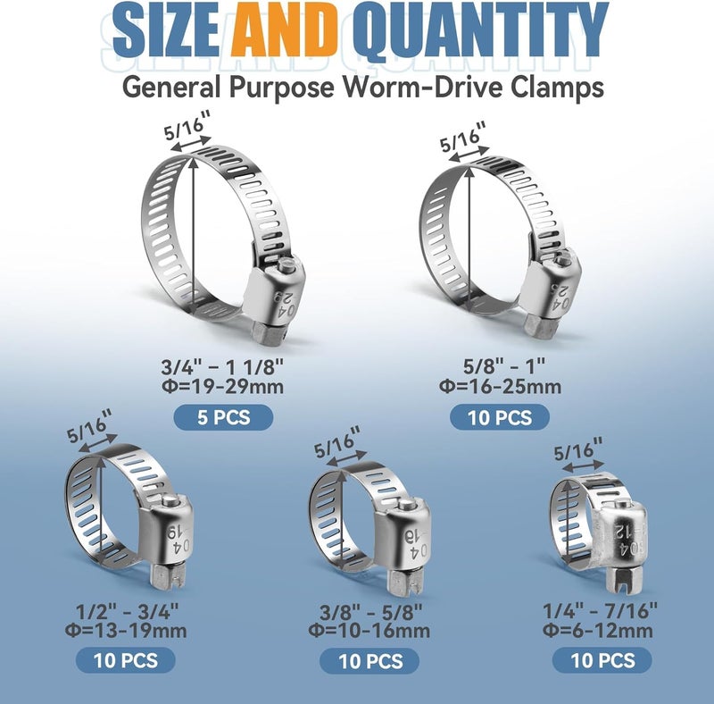 DLOUBLEIY 45PCS Hose Clamp Assortment Kit - Stainless Steel Hose Clamps with Worm Gear, Adjustable 1/4'' to 1-1/8'' (6-29mm) for Plumbing, Automotive, and Mechanical Applications - Image 2